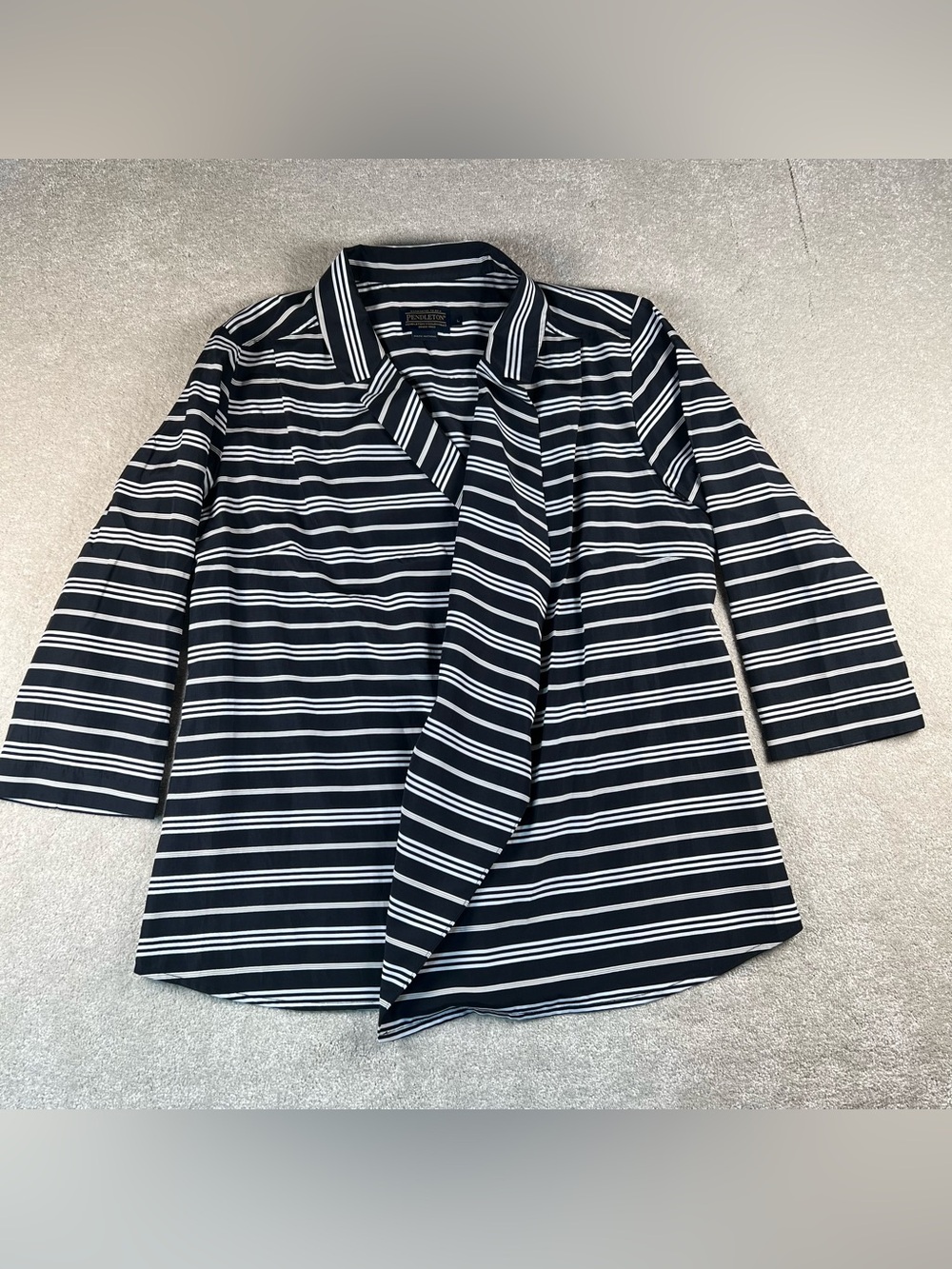 Pendleton Cardigan Silk Cotton Stripes Black White Open Front Lightweight Large